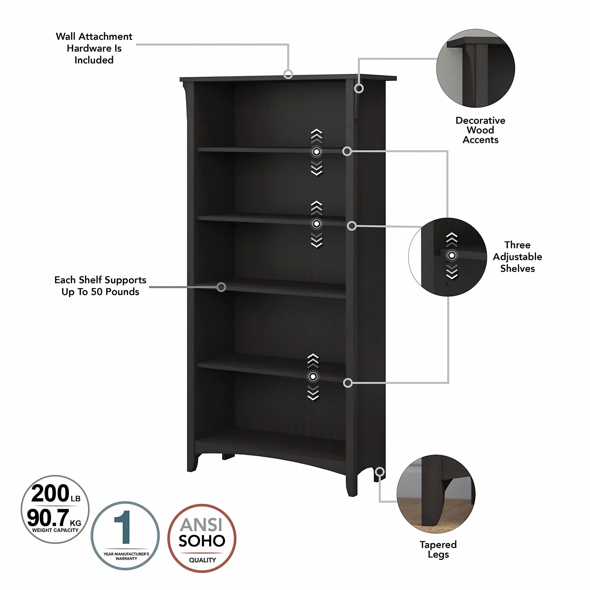 Vintage Black 5 Shelf Bookcase, Set of 2 D226