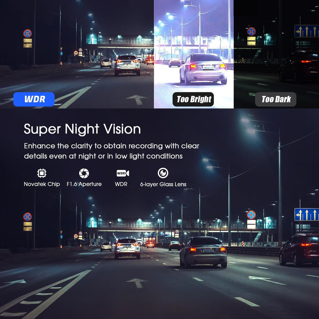 4K/1080P Wi-Fi Dual Dash Camera with IPS Screen, Night Vision, 170° Wide Angle R189