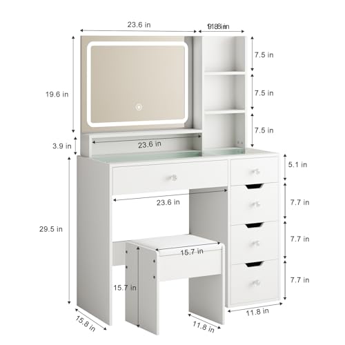 White Vanity Desk with Mirror and LED Lights, 5 Drawers, Stool T449769