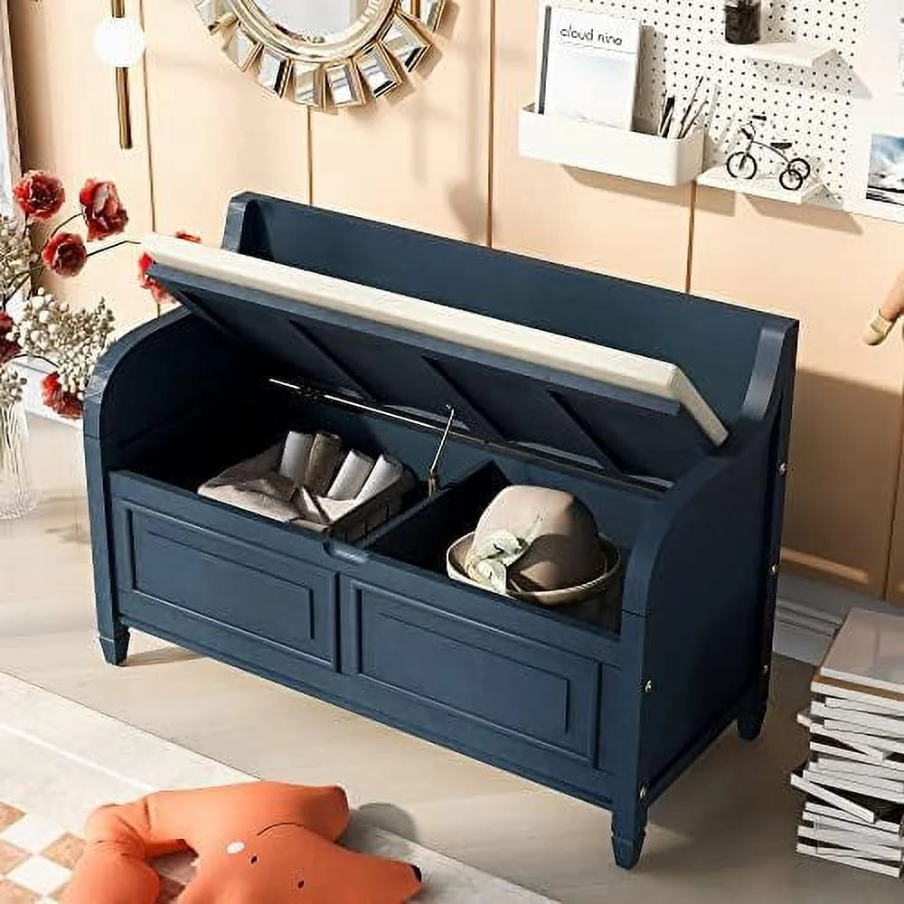 Rustic Entry Bench with Hidden Compartments and Removable Cushion (Antique Navy) K32898