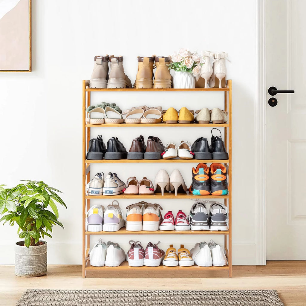 6 Tiers Bamboo Shoe Storage Rack, 18-24 Pairs, Wood Color U2843