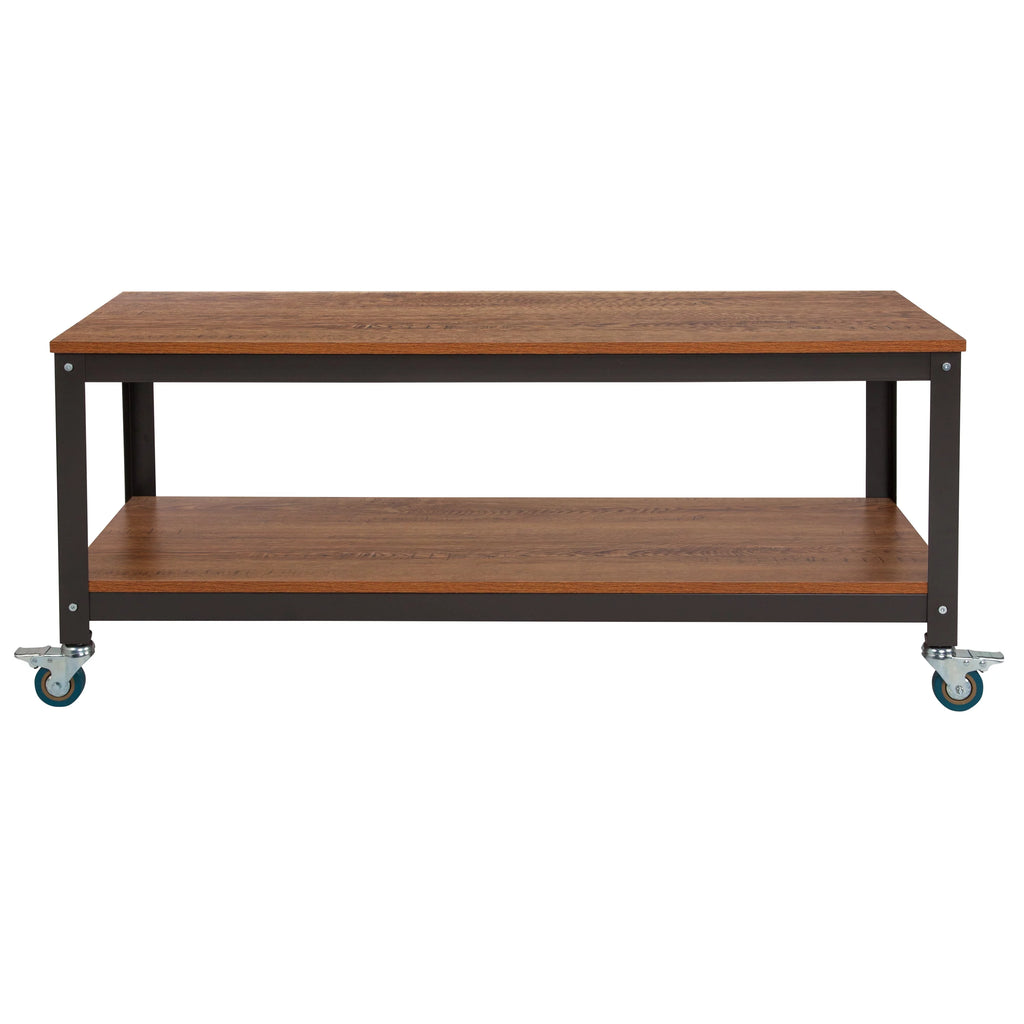Brown Oak Wood Grain TV Stand with Metal Wheels L74422