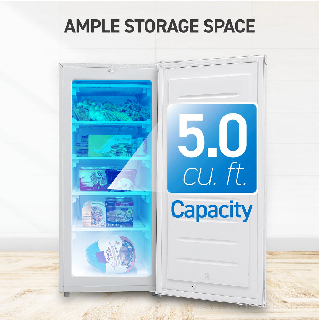 White Upright Freezer 5 Cu Ft with Reversible Door L3769