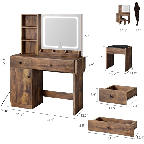 White Vanity Desk with Mirror and Lights, 2 Drawers X42598