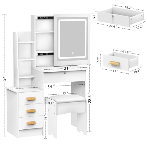 White Vanity Desk with Sliding Mirror and Lights, 4 Drawers X50792