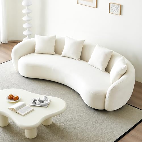 Curved Boucle Cream 4 Seater Sofa with 4 Throw Pillows H512502