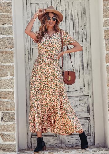 Women's Summer Wrap Maxi Dress Boho Floral V Neck Short Sleeve Ruffle Hem Split Beach Long Dresses M706792