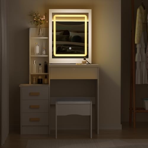 White Vanity Desk with Sliding Mirror and Lights, 4 Drawers X50792