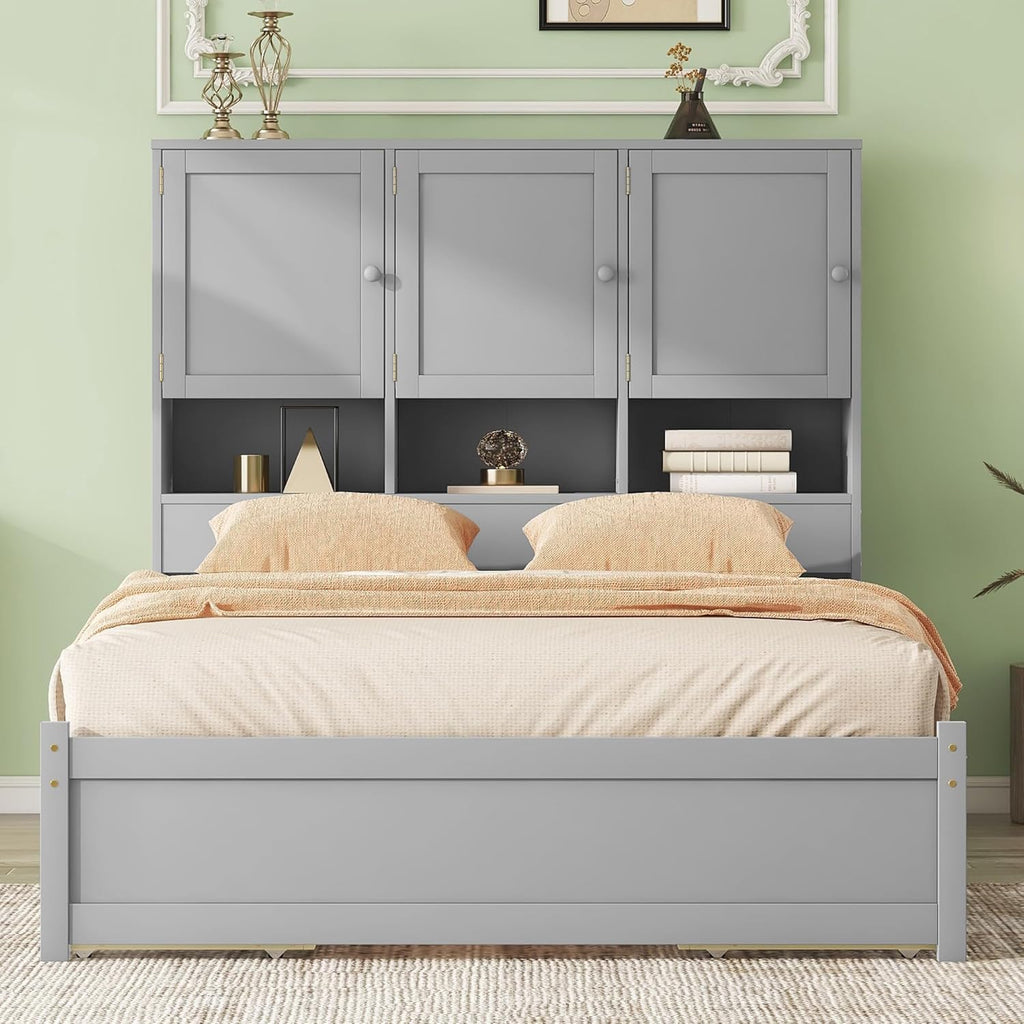 Gray Queen Size Wooden Platform Bedframe with Storage Headboard and 4 Drawers L31056