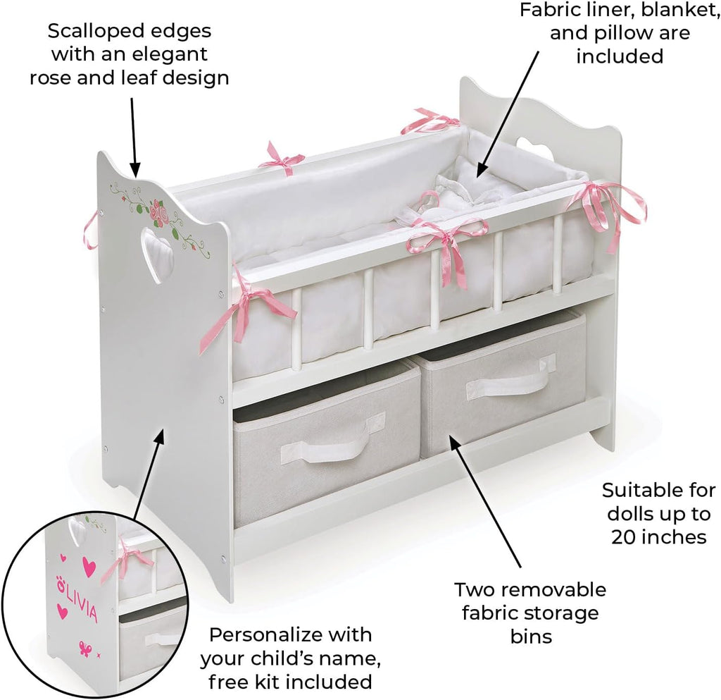 Toy Doll Bed with White Bedding and Storage Baskets W441243