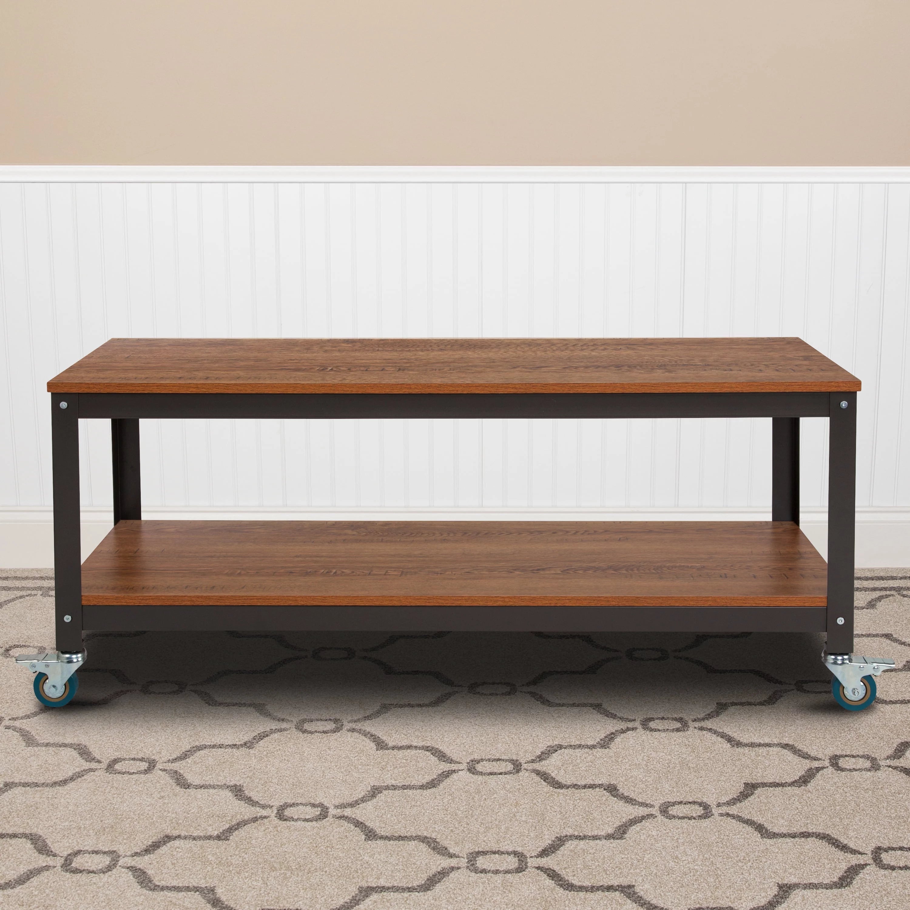 Brown Oak Wood Grain TV Stand with Metal Wheels L74422