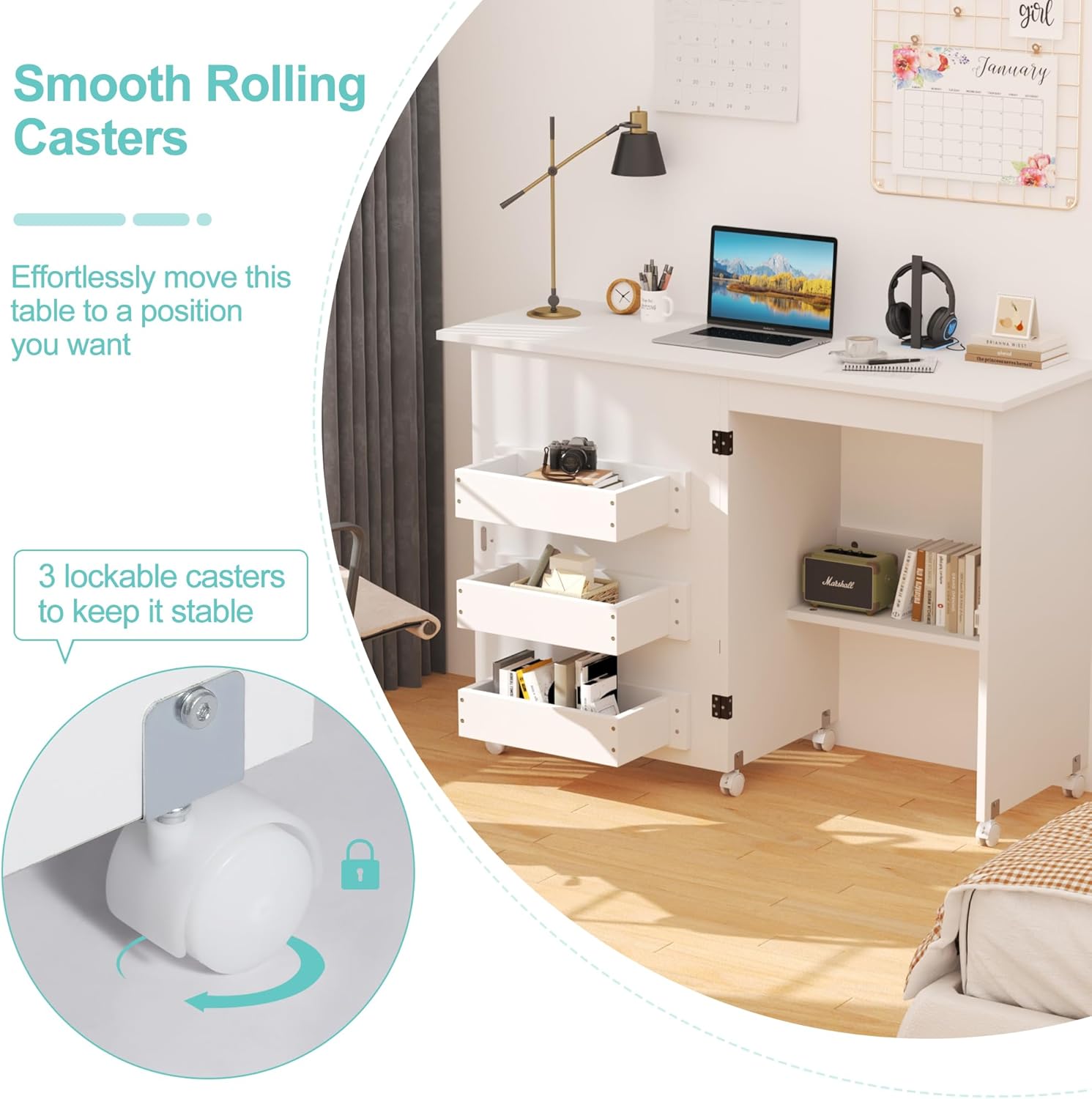 White Folding Sewing Table with 3 Storage Shelves and Lockable Casters V51131