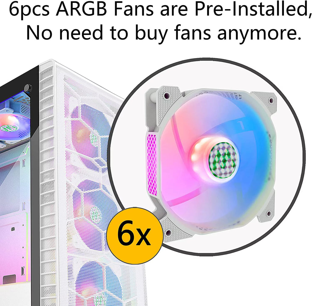White Mesh Mid-Tower ATX PC Gaming Case with 6 ARGB Fans Tempered Glass T196