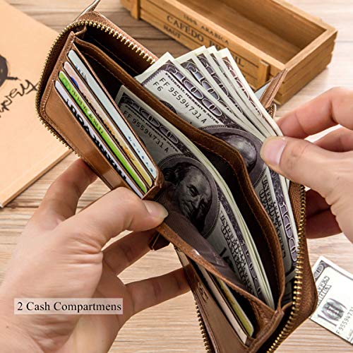 Genuine Leather Wallet with Zip Coin Pocket Coffee P2358