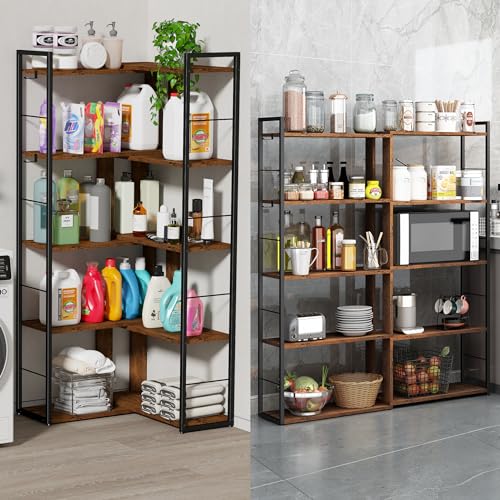 5 Tier Corner Bookshelf with 2 Hooks Adjustable Shelves Rustic Brown I4155