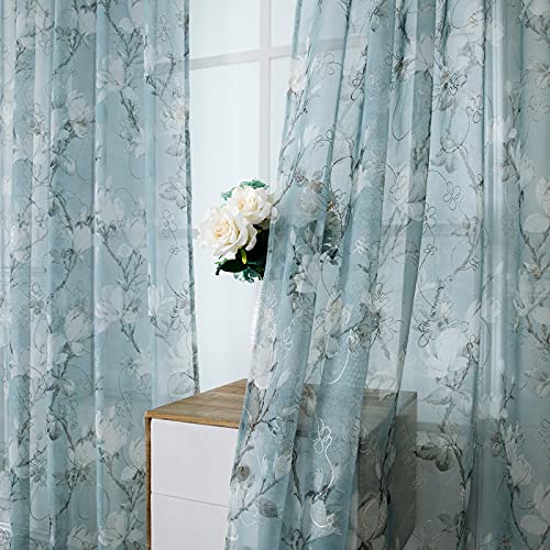Floral Blue Short Sheer Curtains, 54 x 45 inches, Set of 2 Panels L4439