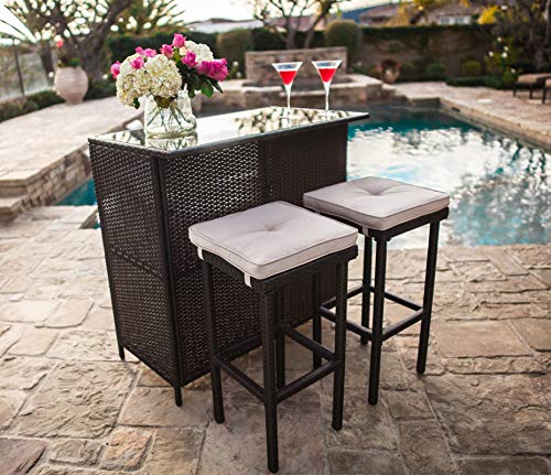 3-Piece Brown Wicker Patio Bar Set with Cushions B64789
