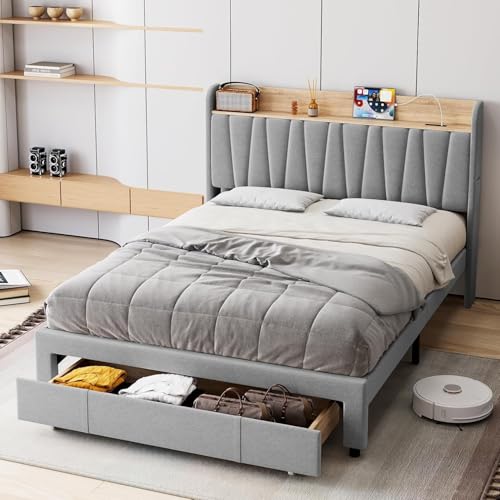 Beige Queen Size Upholstered Bed Frame with Drawers K2551