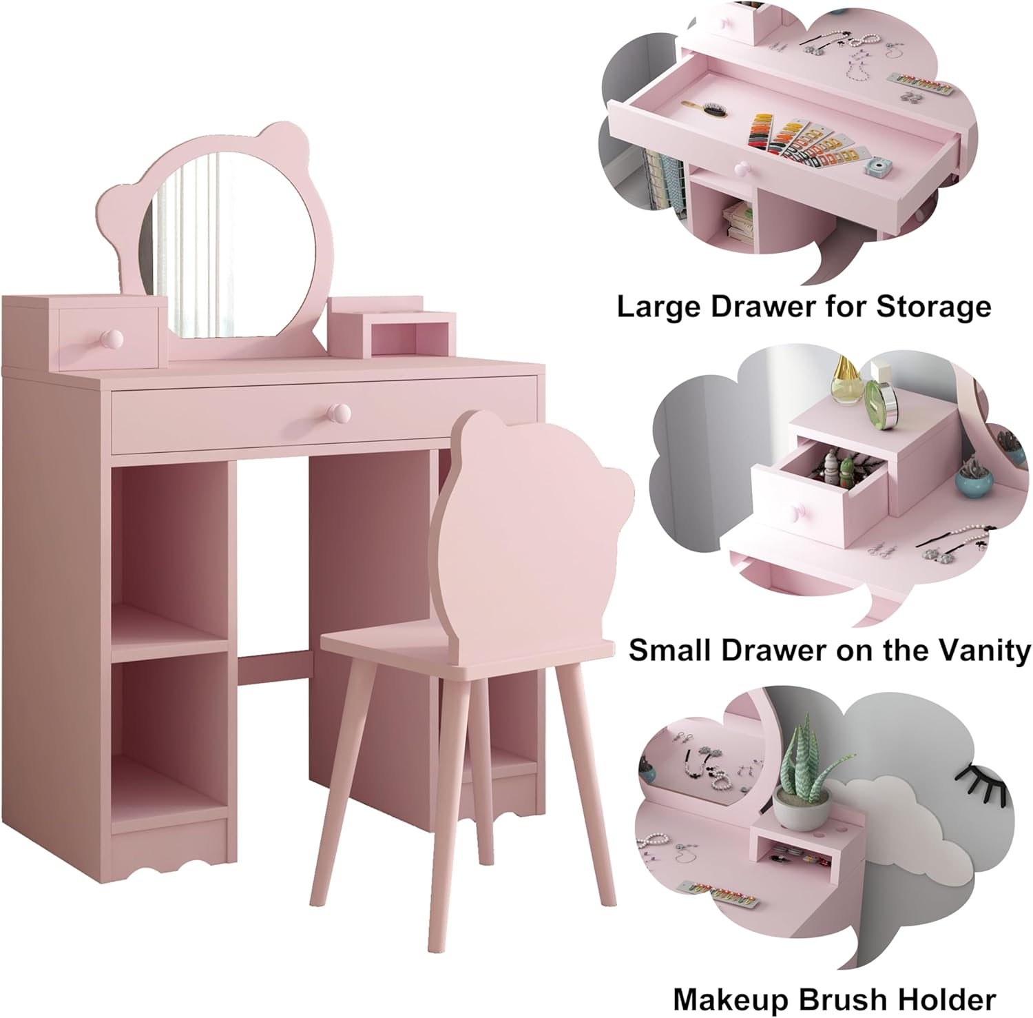 Pink Wooden Kids Vanity Set with Mirror and Stool V1530