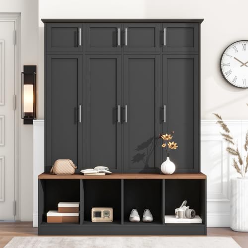 White 4 Shelves 8 Cabinets Hall Tree Coat Rack with Bench R93386