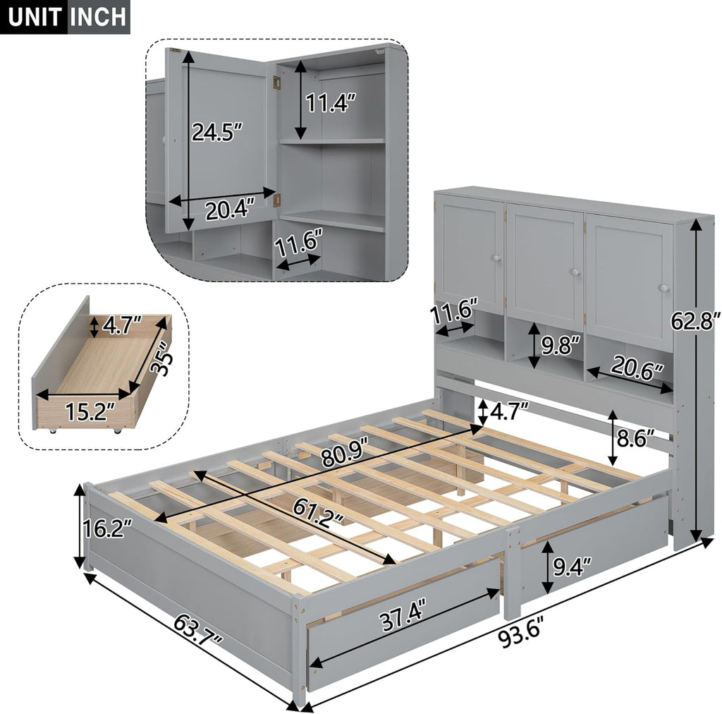 Gray Queen Size Wooden Platform Bedframe with Storage Headboard and 4 Drawers L31056
