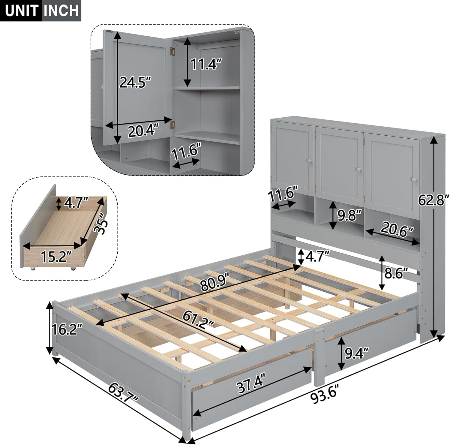 Gray Queen Size Wooden Platform Bedframe with Storage Headboard and 4 Drawers L31056
