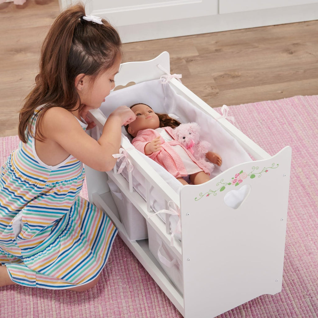 Toy Doll Bed with White Bedding and Storage Baskets W441243