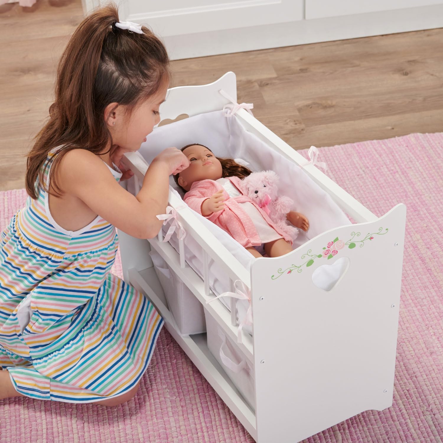 Toy Doll Bed with White Bedding and Storage Baskets W441243