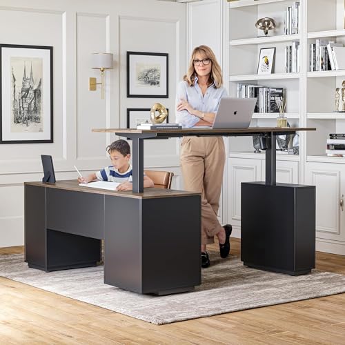 63" L Shaped Electric Height Adjustable Standing Desk with File Cabinet, Black Walnut A385