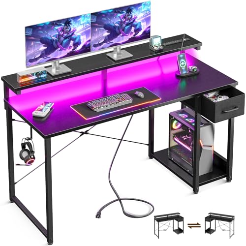 Black 48 Inch Gaming Desk with LED Lights, Power Outlet, Drawer, Monitor Shelf & Headphone Hook P47592