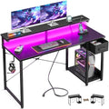 Black 48 Inch Gaming Desk with LED Lights, Power Outlet, Drawer, Monitor Shelf & Headphone Hook P47592