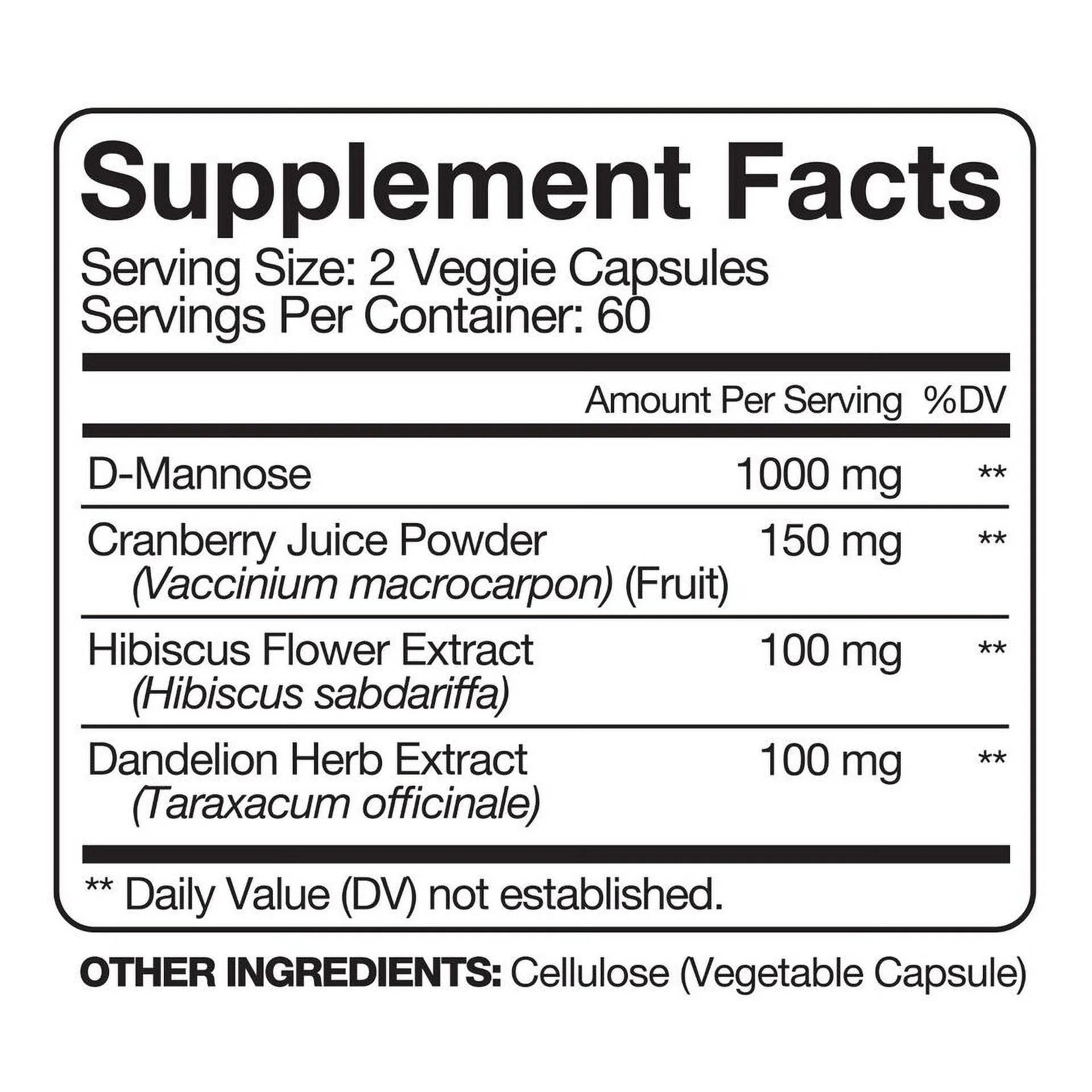 120 Capsules D-Mannose 1000mg Cranberry & Dandelion Extract V563342