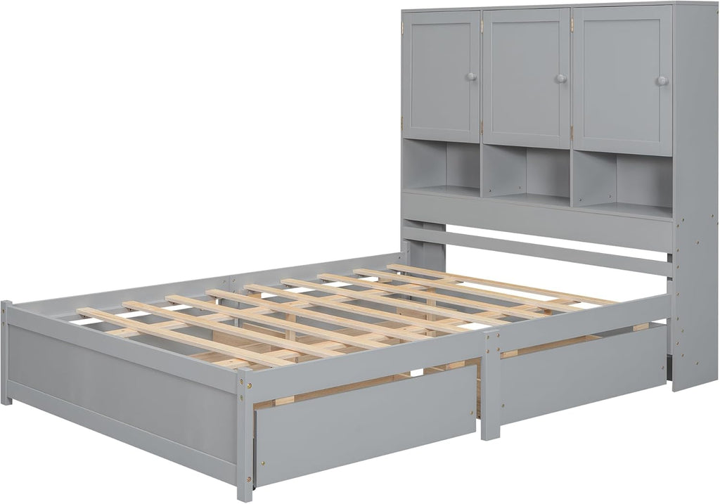 Gray Queen Size Wooden Platform Bedframe with Storage Headboard and 4 Drawers L31056