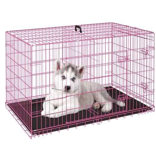 48 Inch Folding Metal Wire Dog Crate with Divider Panel and Leak-Proof Plastic Tray, Black Y680606