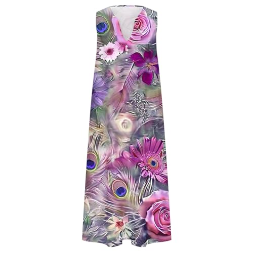 Vintage Ethnic Floral Boho Summer Maxi Dress with Pockets Buttons V Neck I4454
