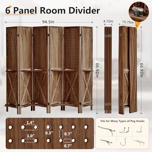 Brown Wooden Pegboard Room Divider with 16 Hooks B557
