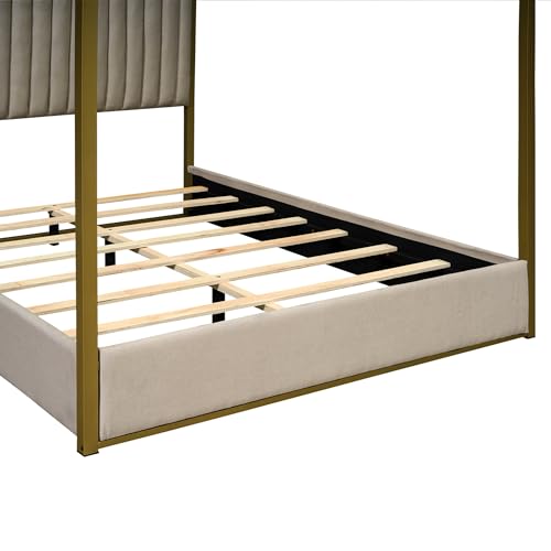 Queen Size Beige Upholstered Canopy Platform Bed Frame K270