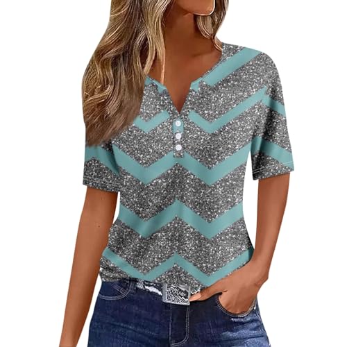 Womens Short Sleeve Button Down Henley V Neck Tunic Tops T981252
