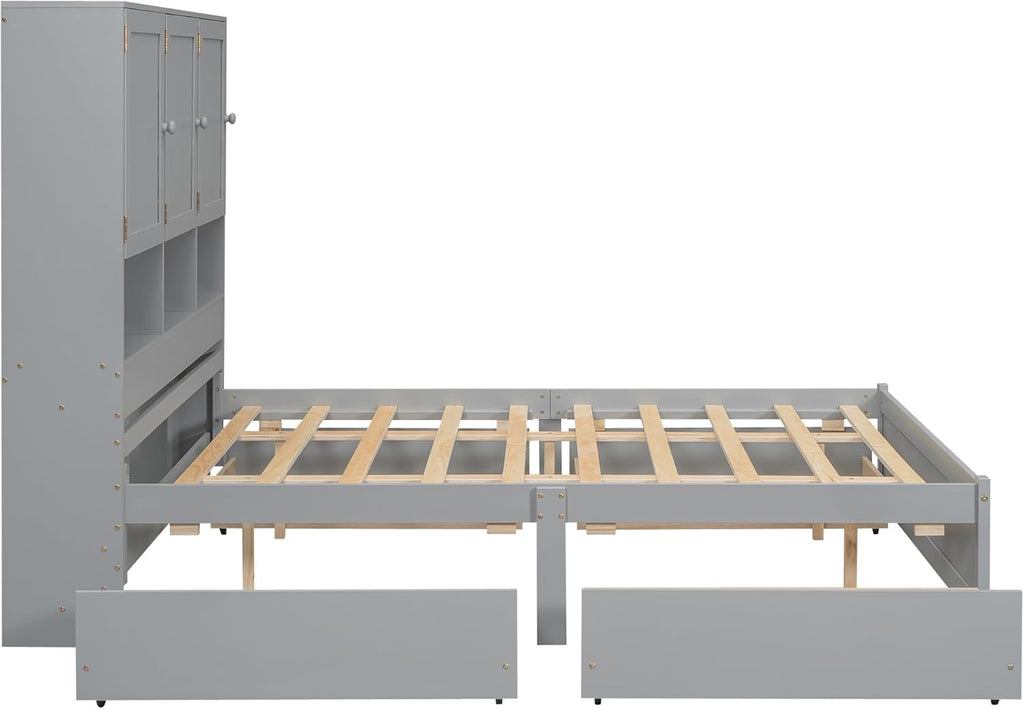 Gray Queen Size Wooden Platform Bedframe with Storage Headboard and 4 Drawers L31056