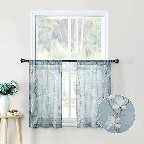 Floral Blue Short Sheer Curtains, 54 x 45 inches, Set of 2 Panels L4439