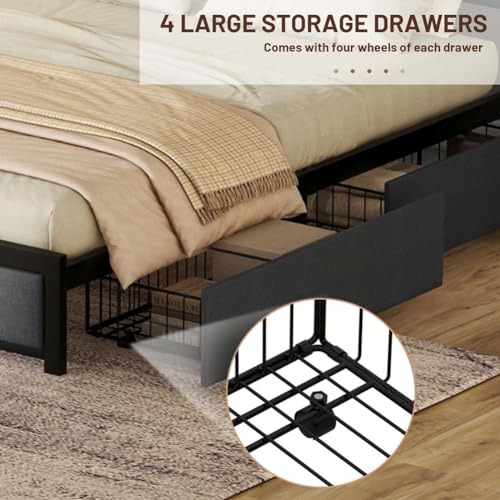 Dark Gray Queen Size Upholstered Platform Bed with 4 Storage Drawers T491351