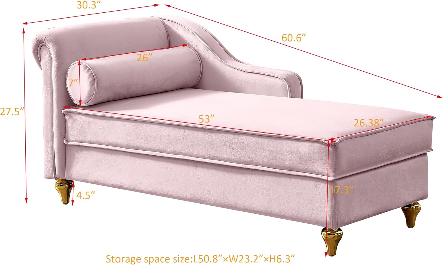 Pink Velvet Chaise Lounge Sofa Bed with Storage A85732