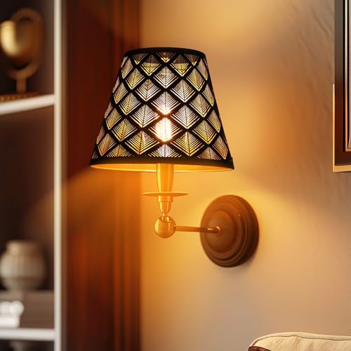 Metal Small Lamp Shade Etched Arrows 5" Top X 9" Bottom X 7" High Black Outside Gold Inside P557
