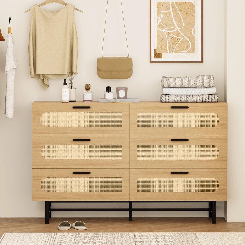6 Drawer Natural Rattan Wood Dresser N33121