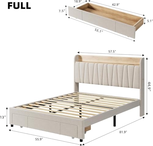 Beige Queen Size Upholstered Bed Frame with Drawers K2551