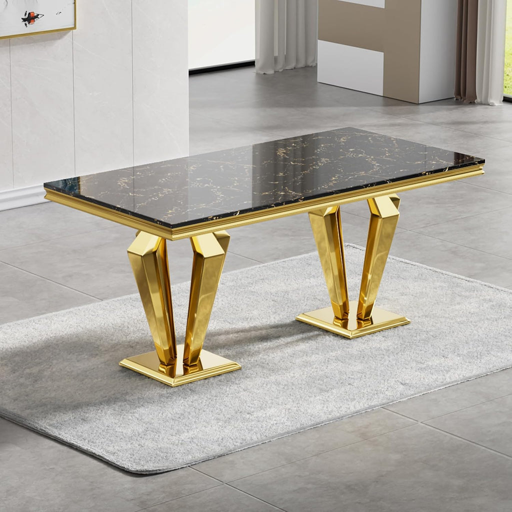 70" Black Gold Marble Dining Table Set with 6 PU Leather Chairs T72128