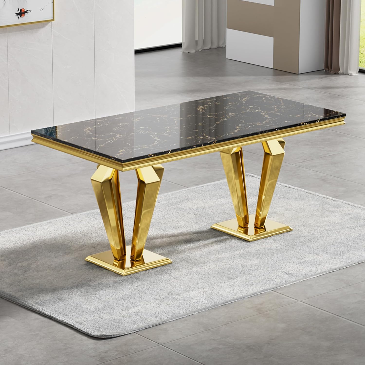 70" Black Gold Marble Dining Table Set with 6 PU Leather Chairs T72128