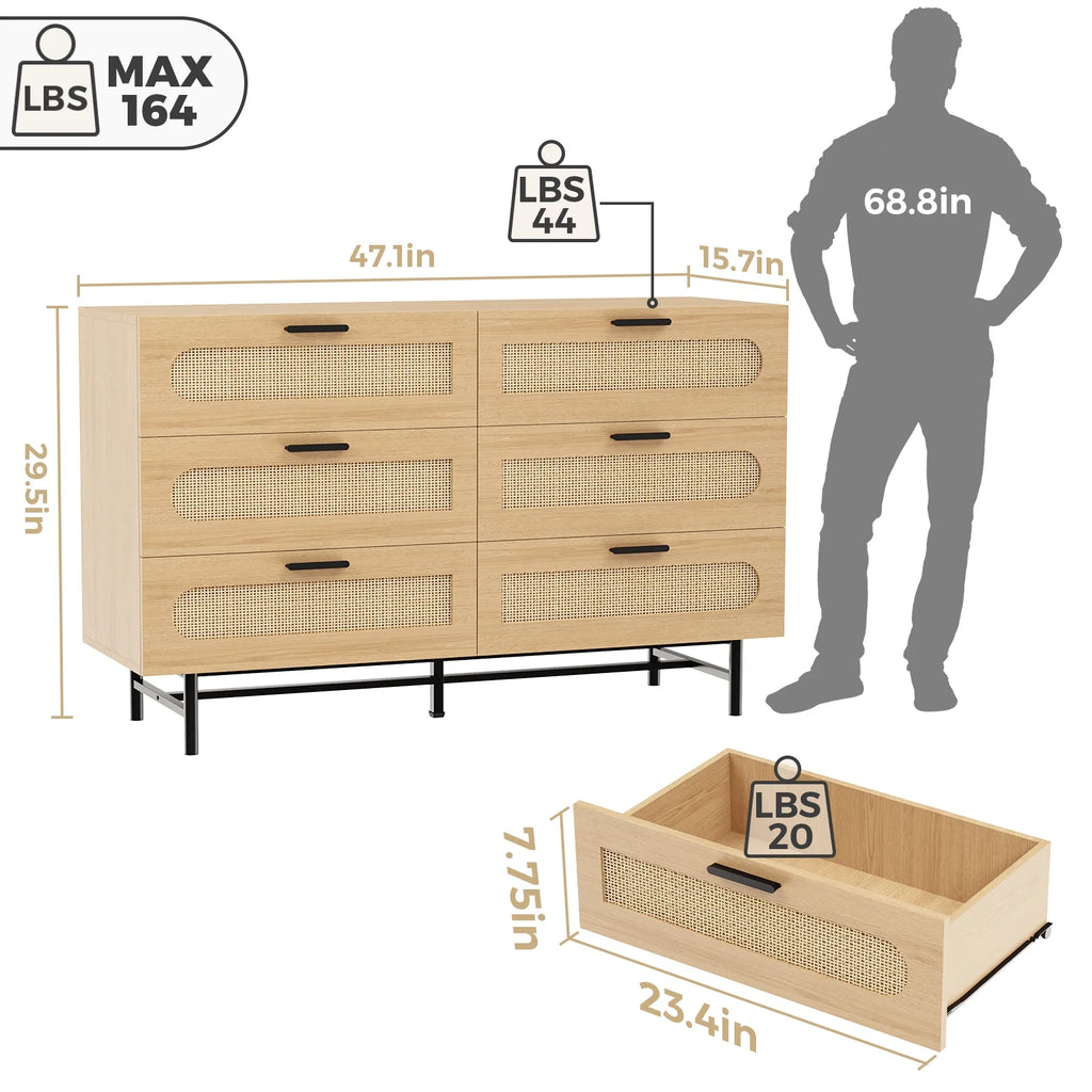 6 Drawer Natural Rattan Wood Dresser N33121