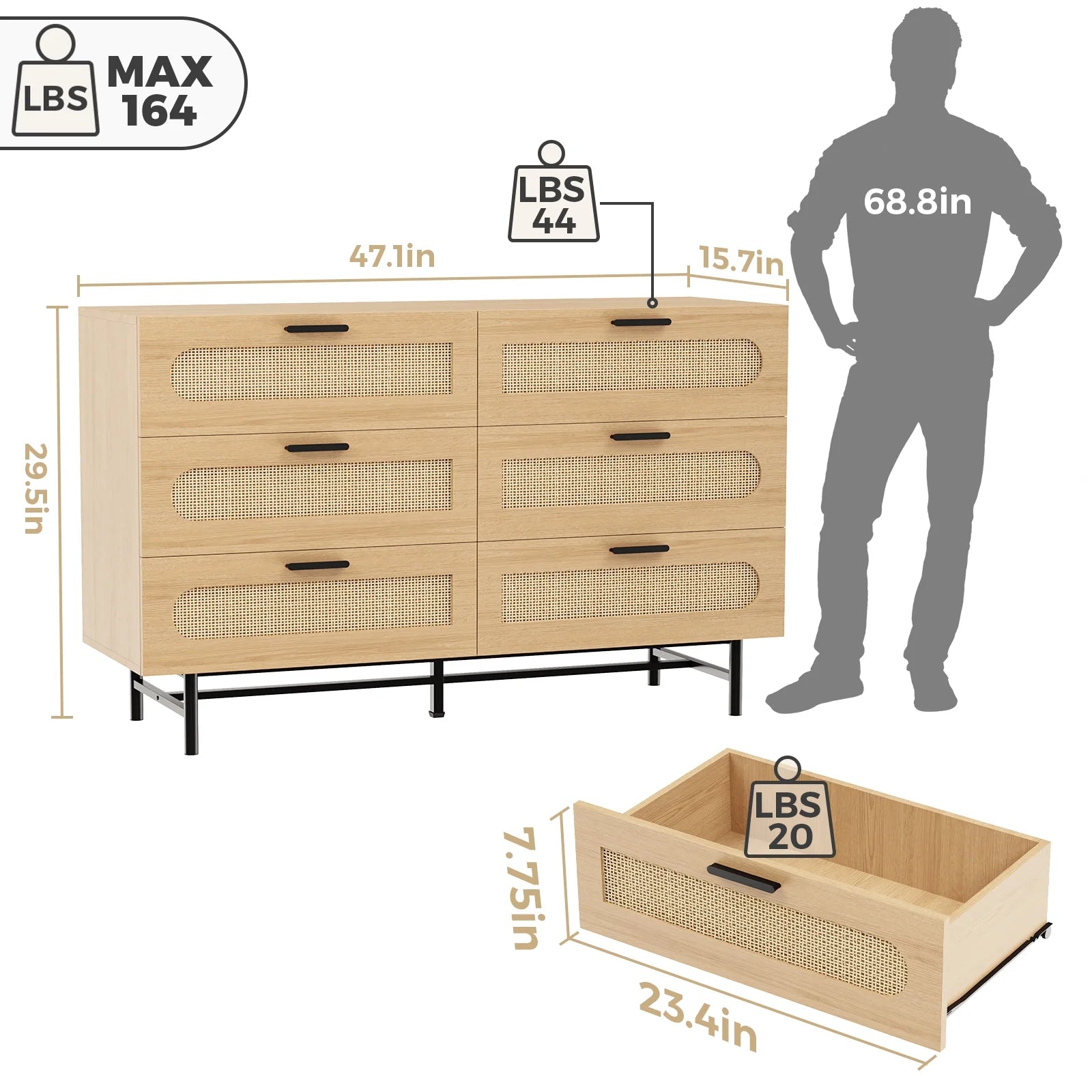 6 Drawer Natural Rattan Wood Dresser N33121
