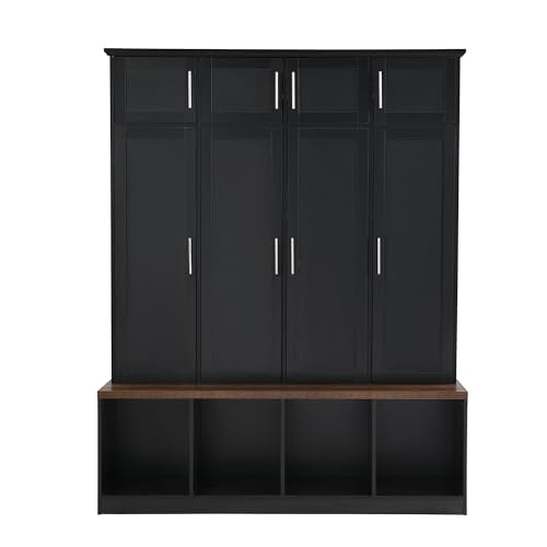 White 4 Shelves 8 Cabinets Hall Tree Coat Rack with Bench R93386